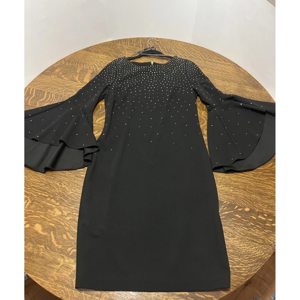 Calvin Klein Black Rhinestone Sheath Dress Womens 12 Bell Sleeve Party Cocktail